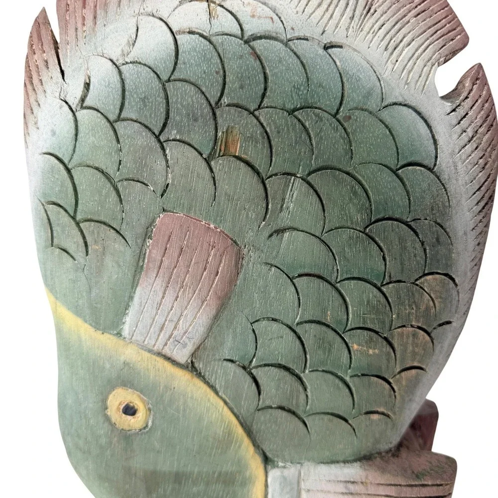 Vintage Large Hand Carved Wooden‎ Fish Sculpture Folk Art Nautical Decor